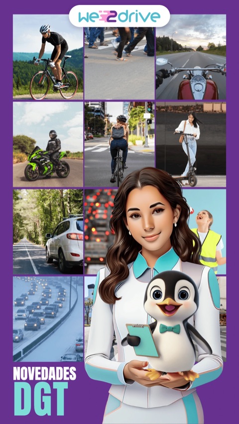 Novedades DGT: Yuly con We2 delante de fotos de ciclistas, motos, patinetes y coches